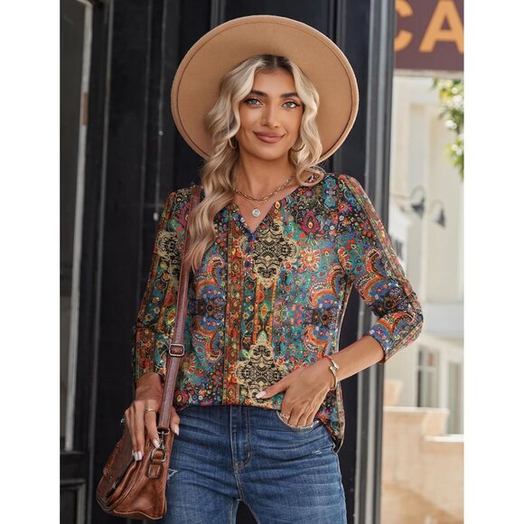 Long Sleeve Women's Shirt V Neck Casual Fall Dressy Blouse Trendy Work - Picture 3 of 6